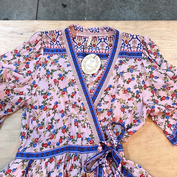 TULLE & BATISTE handmade floral Pink and Blue Wrap Rayon Maxi Dress NWT - Picture 13 of 16